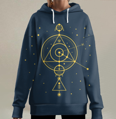 Геометрическая абстракция мистические символы на темно-синем фоне, Hoodie Long Oversize 3D