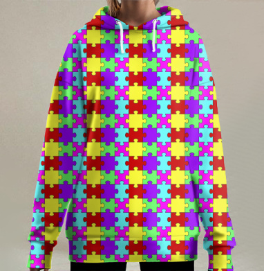 Яркий бесконечный геометрический орнамент мозаика из пазлов, Hoodie Long Oversize 3D