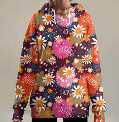 Яркий цветочный паттерн с ромашками, Hoodie Long Oversize 3D