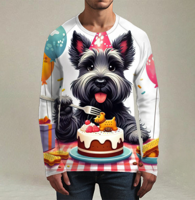 Маленький черный терьер отмечает первый юбилей Birthday Dog Party, Футболка мужская лонгслив 3Д