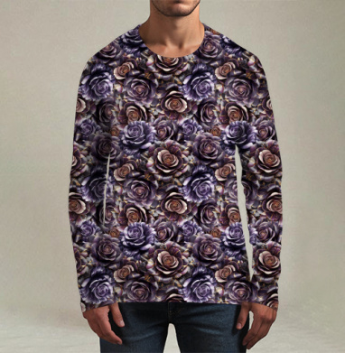 Purple Rose Pattern – Темно-фиолетовые розы создают изысканный цветочный паттерн, Футболка мужская лонгслив 3Д