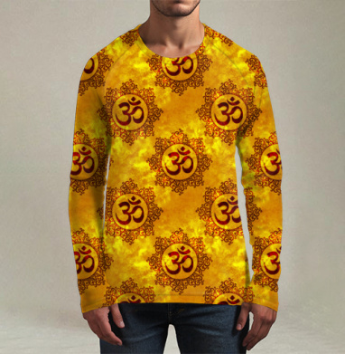 Жёлтые духовные символы Ом на золотом фоне мантра спокойствия - Магазин футболок Ti