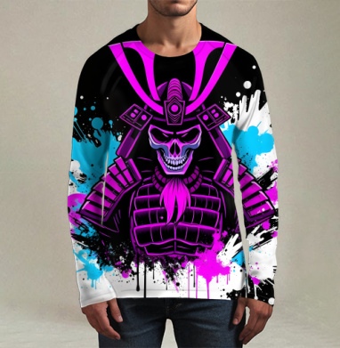 Neon Cyber Samurai Warrior / Самурай Череп в ярких брызгах краски, Футболка мужская лонгслив 3Д