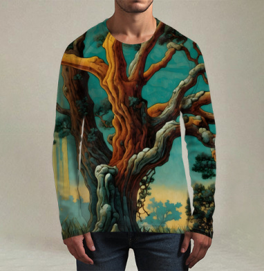 Golden tree in turquoise forest / Золотое дерево в бирюзовом лесу, Футболка мужская лонгслив 3Д
