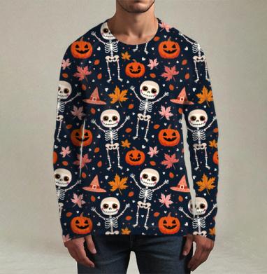 Веселый танцующий скелет и тыква / Happy skeleton and pumpkin Halloween, Футболка мужская лонгслив 3Д