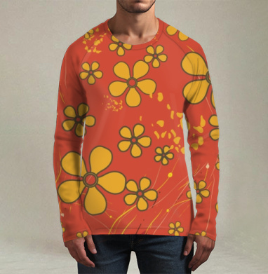 Yellow Flowers Retro Pattern – Желтые цветы ретро узор оранжевого цвета, Футболка мужская лонгслив 3Д