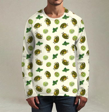 Яркий паттерн с забавными попугаями и фруктами, Футболка мужская лонгслив 3Д