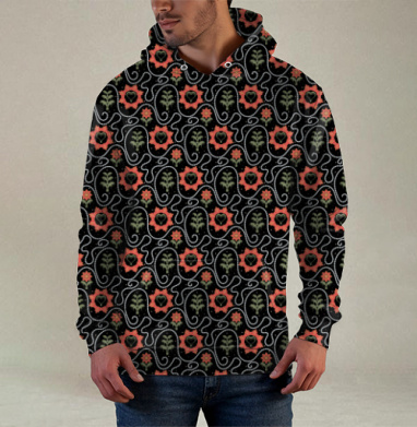 Этнический узор с сердцами и растениями / Ethnic Pattern Style, Худи / Мужская / С карманом / 3D