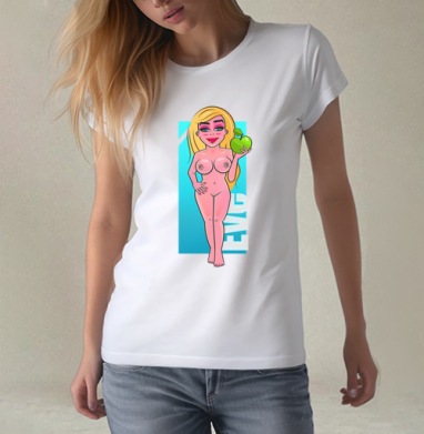 Nude Eve Apple / Красивая блондинка с сочным зеленым яблоком Ева Искушение Сад, Футболка женская белая 180гр