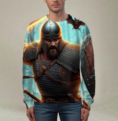 Viking / Викинг - Яростный викинг с пылающим мечом и щитом воин северная битва, Свитшот мужской 3D
