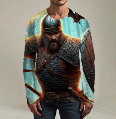 Viking / Викинг - Яростный викинг с пылающим мечом и щитом воин северная битва, Футболка мужская лонгслив 3Д