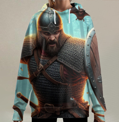 Viking / Викинг - Яростный викинг с пылающим мечом и щитом воин северная битва, Hoodie Long Oversize 3D