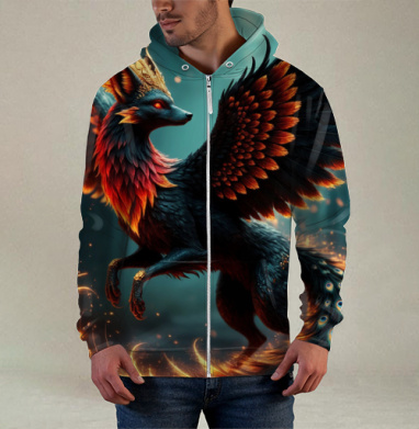 Fire Fox Phoenix Hybrid – Огненная лиса феникс в лесу мистический дух природы, Толстовка мужская на молнии 3Д полная запечатка