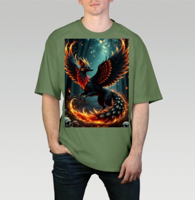 Fire Fox Phoenix Hybrid – Огненная лиса феникс в лесу мистический дух природы, Футболка мужская оверсайз оливковая