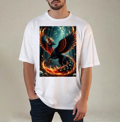 Fire Fox Phoenix Hybrid – Огненная лиса феникс в лесу мистический дух природы, Футболка / Мужчинам / Оверсайз / Белая / C принтом