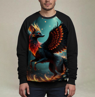 Fire Fox Phoenix Hybrid – Огненная лиса феникс в лесу мистический дух природы, Свитшот мужской 3D / хлопок