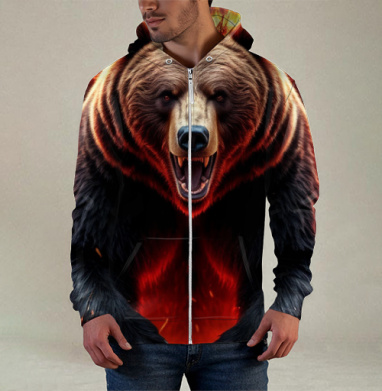 Могучий коронованный огненный медведь с крыльями / Fire Bear Wings, Толстовка мужская на молнии 3Д полная запечатка