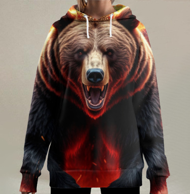 Могучий коронованный огненный медведь с крыльями / Fire Bear Wings, Hoodie Long Oversize 3D