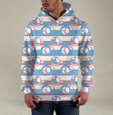 Blue Coral Geometric Stripe Pattern / Синий коралловый полосатый геометрический ретро орнамент, Худи / Мужская / С карманом / 3D
