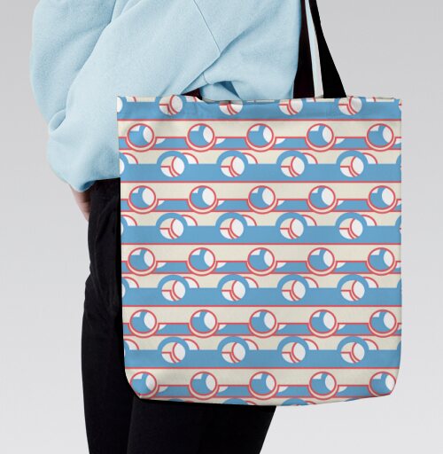 Blue Coral Geometric Stripe Pattern / Синий коралловый полосатый геометрический ретро орнамент, Сумка с ручкой и внутренним карманом на молнии