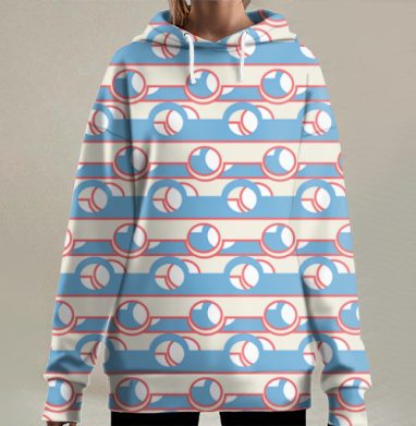 Blue Coral Geometric Stripe Pattern / Синий коралловый полосатый геометрический ретро орнамент, Hoodie Long Oversize 3D