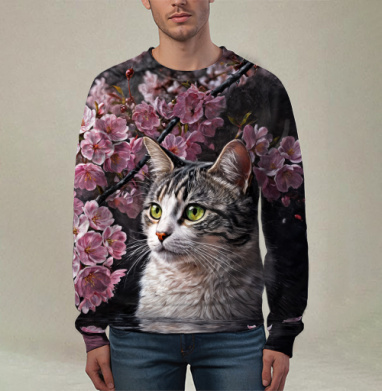Cat in sakura – Полосатый кот среди розовых лепестков Кот сакура вишня, Свитшот мужской 3D