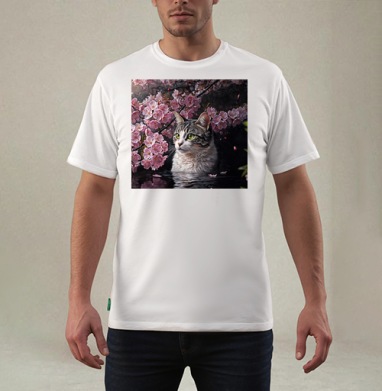 Cat in sakura – Полосатый кот среди розовых лепестков Кот сакура вишня, Футболка мужская REGULAR белая