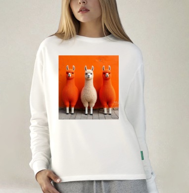 Llamas in orange sweaters / Ламы в ярких свитерах у оранжевой стены, Футболка лонгслив женская белая