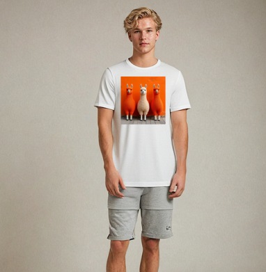 Llamas in orange sweaters / Ламы в ярких свитерах у оранжевой стены, Футболка мужская Base белая