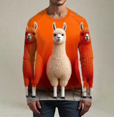 Llamas in orange sweaters / Ламы в ярких свитерах у оранжевой стены, Футболка мужская лонгслив 3Д