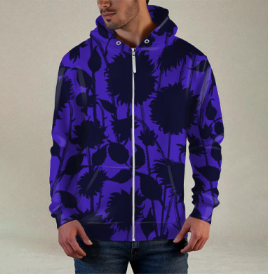 Black Sunflower Silhouette Черный силуэт подсолнуха синие темные подсолнухи, Толстовка мужская на молнии 3Д полная запечатка