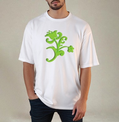 Green 3D flower / Зеленый объемный цветок современном стиле фольклора, Футболка / Мужчинам / Оверсайз / Белая / C принтом