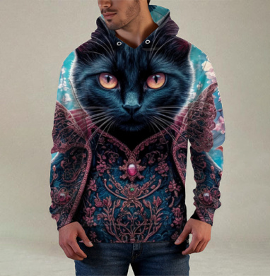Кошка черная, Худи / Мужская / С карманом / 3D