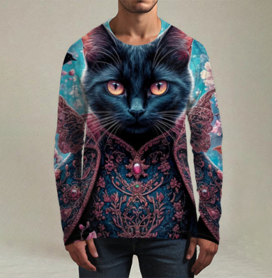 Кошка черная, Футболка мужская лонгслив 3Д