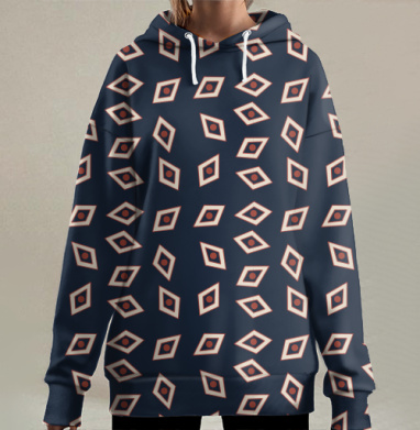 Геометрический узор на темно-синем фоне в бежевых тонах рисунка, Hoodie Long Oversize 3D