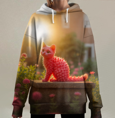 Розовый кот с шипами в саду у камня, Hoodie Long Oversize 3D