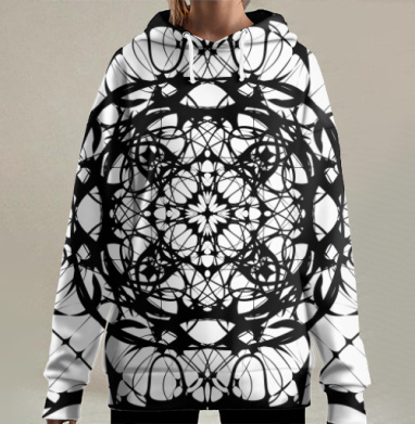 Сложный черно-белый геометрический орнамент с гармонией и балансом, Hoodie Long Oversize 3D