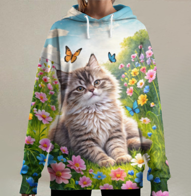 Котёнок среди цветов с бабочками весенняя нежность природы, Hoodie Long Oversize 3D