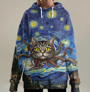 Звездная ночь и кот монстр, Hoodie Long Oversize 3D
