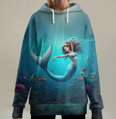 Русалка под водой в глубинах океана таинственной красоты, Hoodie Long Oversize 3D