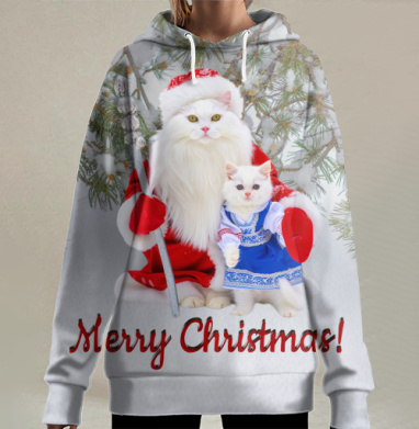 Кошки в рождественских костюмах и зимней атмосфере праздничном, Hoodie Long Oversize 3D