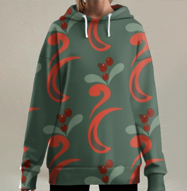 Растительный красный узор на зелёном фоне нежный динамичный, Hoodie Long Oversize 3D