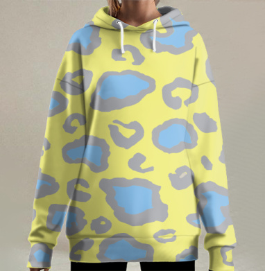 Желто голубой леопард серая окантовка яркие последние слова, Hoodie Long Oversize 3D