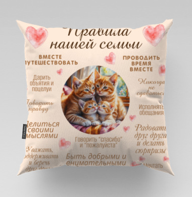 Семейные правила с котятами теплая уютная сцена, Подушка велюр плюшевая 45х45