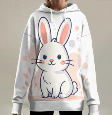 Милый белый кролик с розовыми ушами и щечками на светлом фоне, Hoodie Long Oversize 3D