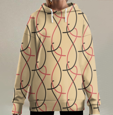 Абстрактные линии и волны с красными акцентами на бежевом фоне, Hoodie Long Oversize 3D