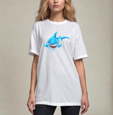 Жизнерадостный морской хищник мультяшная синяя акула Smiling Blue Shark, Футболка / Унисекс / Оверсайз / Белая / C принтом