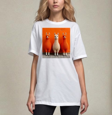 Llamas in orange sweaters / Ламы в ярких свитерах у оранжевой стены, Футболка / Унисекс / Оверсайз / Белая / C принтом