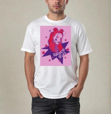 Девушка с красными волосами и космосом вокруг space girl, Футболка / Мужчинам / Pure / Белая / C принтом