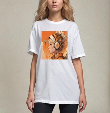 Девушка в наушниках механической конструкции, Футболка / Унисекс / Оверсайз / Белая / C принтом